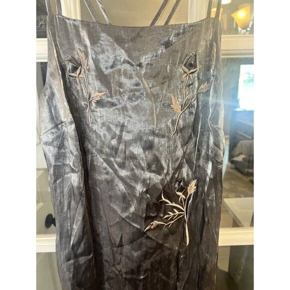 Vtg Y2k Maxi Gown Dress Sz 00 Rose PROM Black Metallic Silver Wedding Whimsygoth - Picture 2 of 9